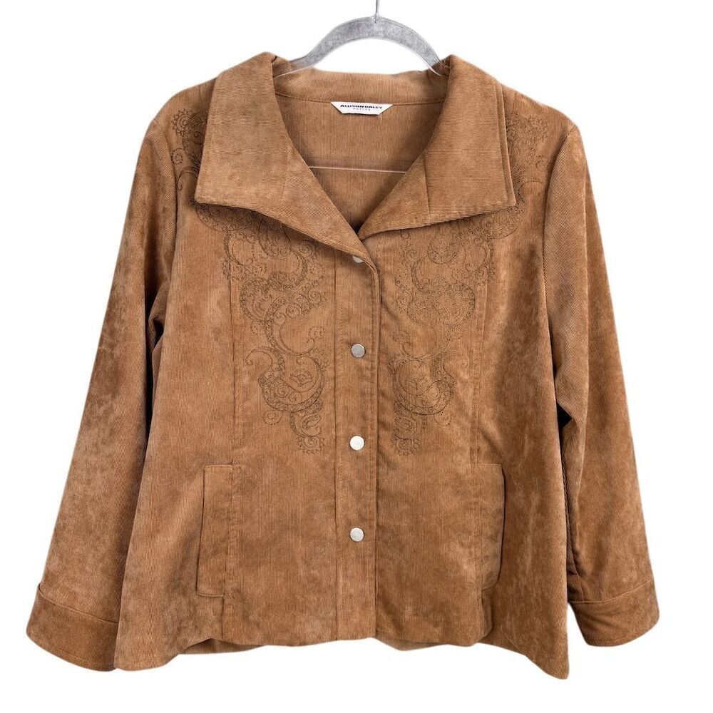 Allison Daley Petite Women's Tan Embroidered Button Front Corduroy Jacket Medium